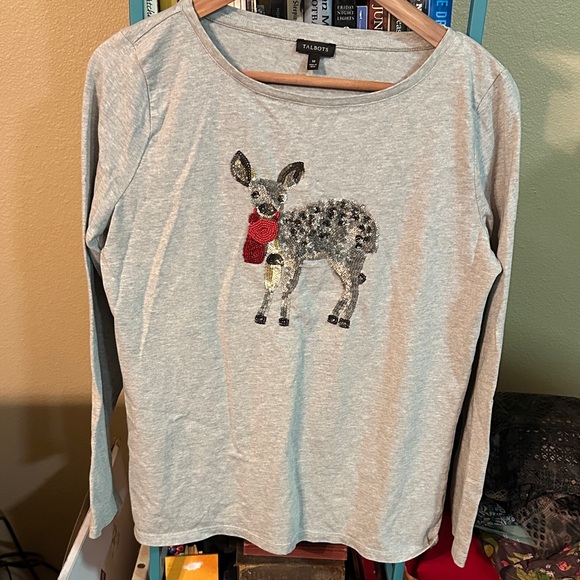 Talbots Tops - Talbots Gray Long Sleeve with Sequin Deer Motif wearing scarf